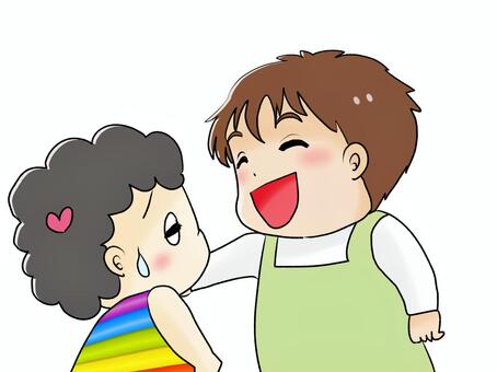 嬉しそうに笑いかける人と困る女の子 女の子,男性,女性,笑う,困る,汗のイラスト素材