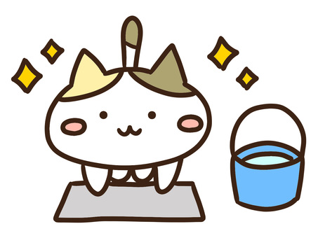 雑巾がけで掃除するかわいい三毛猫とバケツ 雑巾がけ,雑巾,掃除,清掃,床,きれい,ピカピカ,バケツ,水,ねこのイラスト素材