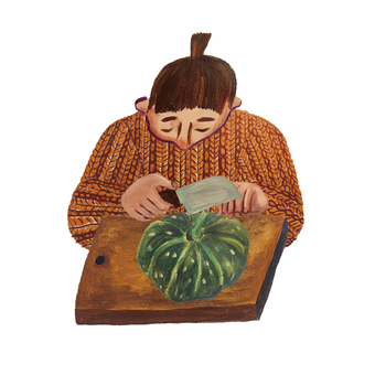 大きいかぼちゃを切るんだ、女子 女性,かぼちゃ,包丁,まな板,料理,主婦,冬至,手描き,素朴,味わいのイラスト素材