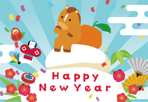鏡餅に座る馬の賑やか年賀状テンプレート