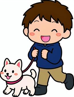 紺の犬の散歩の男子です。 犬,散歩,シンプル,ペット,飼い主,リード,首輪,屋外,運動,歩行のイラスト素材