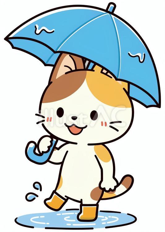 雨の日に水溜まりで遊ぶ可愛い三毛猫 梅雨,夏,6月のイラスト素材