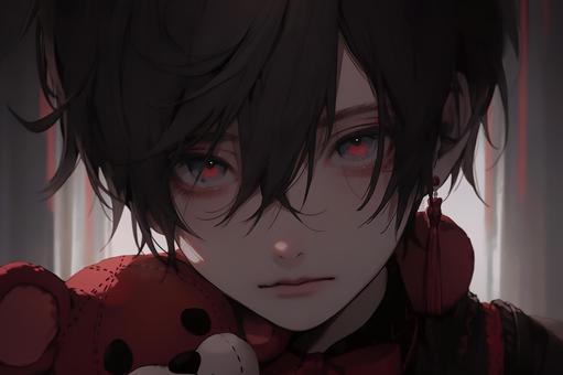 Illustration, dark, red eye, black hair, 