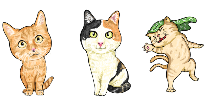 猫セット２ 茶トラ猫,三毛猫,猫又,猫,動物,セットのイラスト素材