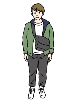 ボディバッグを持った男性 ボディバッグを持った男性 男性,正面,丸襟,短髪,おしゃれ,ボディバッグ,ショルダーバッグ,フード,パーカー,スウェットのイラスト素材