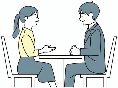 A man and a woman having a conversation across a desk, , JPG, PNG and AI