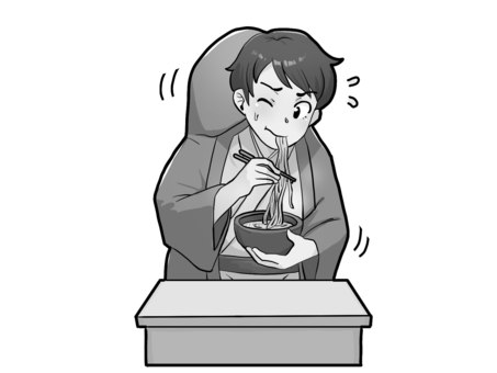 二人羽織【グレースケール】 二人羽織,着物,蕎麦,食べる,男性,汗,グレースケールのイラスト素材