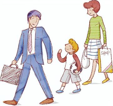 ファミリー 家族,散歩,おとうさん,おかあさん,男の子,水彩,線画のイラスト素材