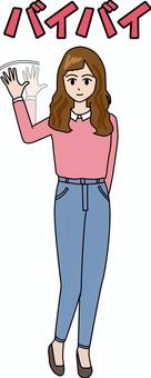 バイバイ女性 バイバイ,手,振る,別れ,若い,女性,ロング,ジーンズ,カジュアル,茶髪のイラスト素材