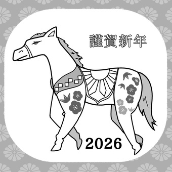 干支午姿絵 黒 干支午姿絵 黒 馬,午,干支,和柄,お正月,梅,竹,松,菊,枠のイラスト素材