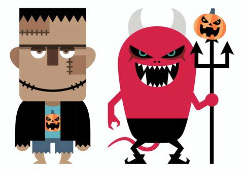ハロウィンキャラクター16 ハロウィン,秋,10月,モンスター,パンプキン,フランケン,キズ,悪魔,槍,キバのイラスト素材