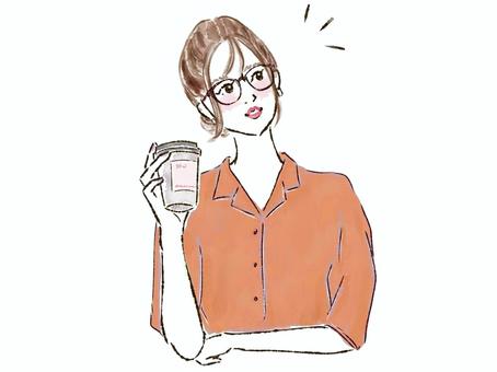 コーヒー持って見上げる眼鏡のシャツの女性 女性,めがね,コーヒー,オレンジ,頬杖,お団子,見上げる,カップ,上品,ときめきのイラスト素材