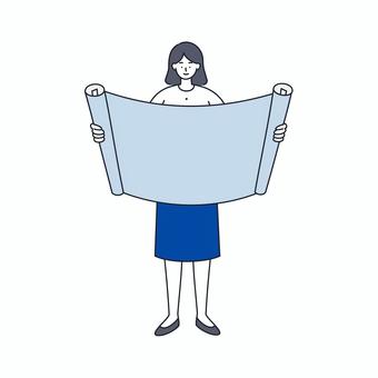 設計図を確認する女性の計画シーン 設計図を確認する女性の計画シーン 人物,女性,ビジネス,設計,図面,計画,確認,検討,用紙,展開のイラスト素材