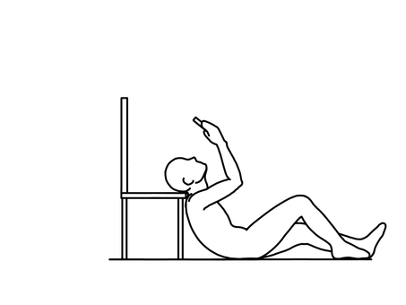 座面に頭を乗せ足を楽にスマホを見る人 座位,スマホ,リラックス,だらしない,横向き,線画,白黒のイラスト素材