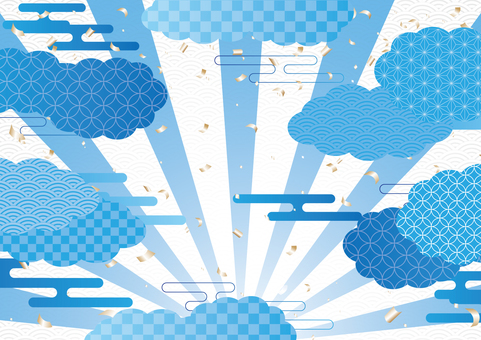 青色の和風の集中線と雲の背景素材 和風,和柄,集中線,雲,紙吹雪,背景のイラスト素材