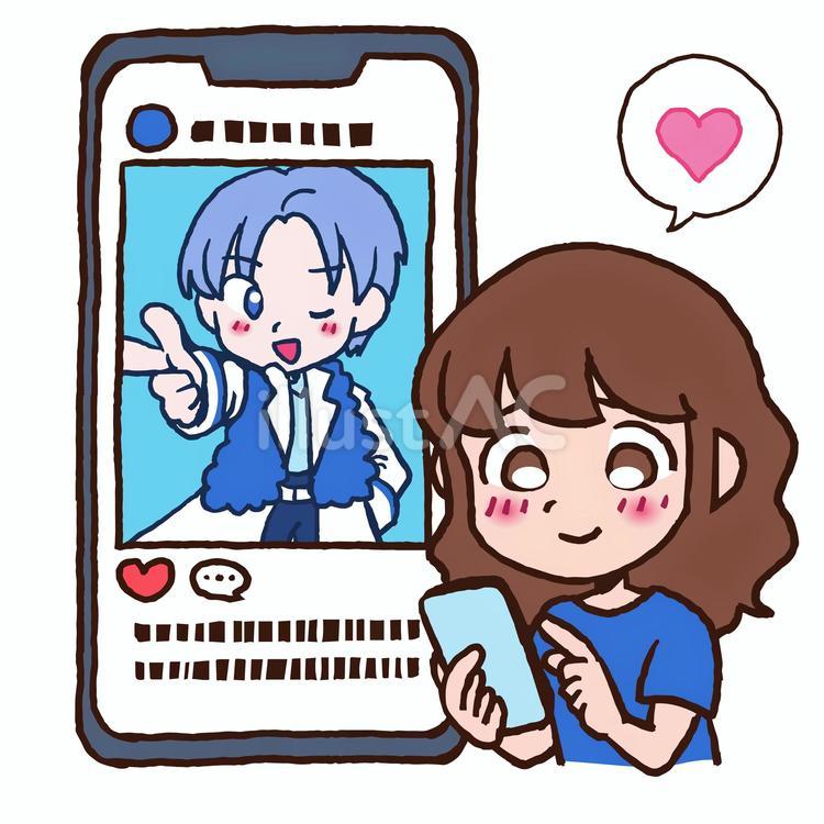 推しのSNSを見ている女性　イラスト 手描き,アイドル,ファンのイラスト素材