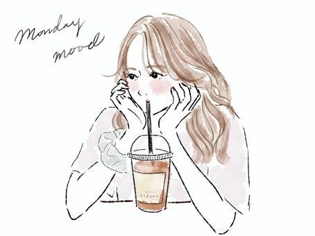 スムージーを飲む頬杖のTシャツ女性 女性,コーヒー,スムージー,水彩,飲む,ストロー,夏,おやつ,頬杖,アイスクリームのイラスト素材