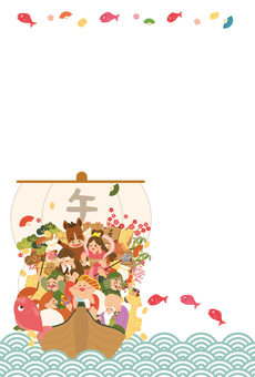 2025七福神船フレーム⑤ 年賀状,令和8年,2026年,馬,午,神様,七福神,恵比寿,毘沙門天,鶴のイラスト素材