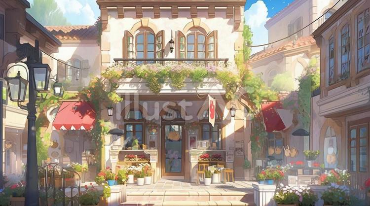 可愛い街のお花屋さん＿アニメ 街,花屋,ファンタジーのイラスト素材