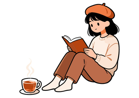 読書する女の子 女の子,読書,コーヒー,ティー,リラックス,座る,ベレー帽,秋,日常,可愛いのイラスト素材