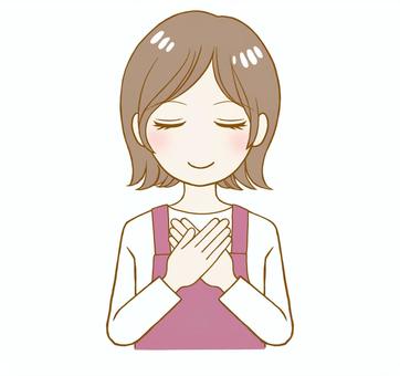 エプロン姿の女性の安心ポーズ 女性,エプロン,主婦,安心,気持ち,ポーズ,表情,ショートボブ,かわいい,手のイラスト素材