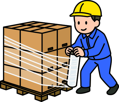 荷物をラップで巻く紺の作業員です。 倉庫作業,物流,シンプル,マテリアルハンドリング,マテハン,パレット積み,ラップ,巻く,荷物,固定のイラスト素材
