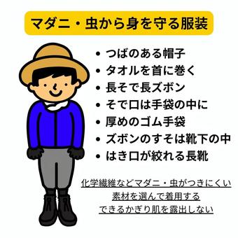 マダニや虫から身を守る服装解説カラー版 マダニ,虫,対策,虫よけ,服装,帽子,タオル,長袖,長ズボン,長靴のイラスト素材