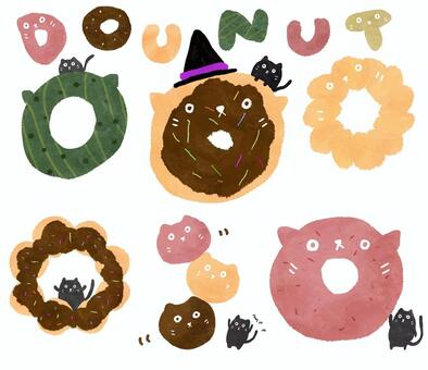 ドーナツ黒猫セット ドーナツ,ドーナッツ,スイーツ,黒猫,黒ねこ,苺ドーナツ,抹茶ドーナツ,チョコドーナツ,プチドーナツ,ドーナツセットのイラスト素材