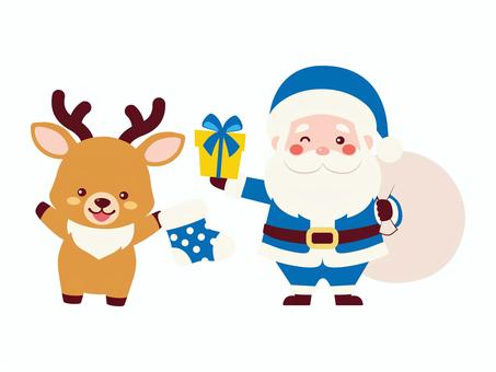 プレゼントを持ったサンタとトナカイ/青 プレゼントを持ったサンタとトナカイ/青 サンタ,トナカイ,ミニキャラ,シンプル,2頭身,サンタクロース,サンタさん,動物,人間,人のイラスト素材