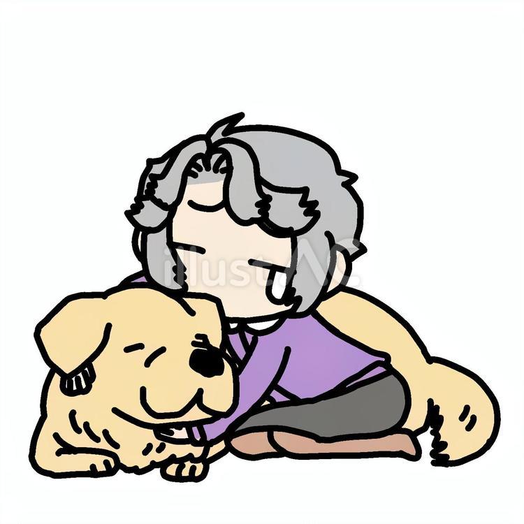 大型犬を抱いて悲しむおばあさん おばあさん,大型犬,抱くのイラスト素材