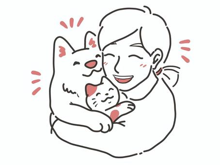 なかよし 犬,猫,人物,抱きしめる,線画,シンプル,二色,ワンポイント,手書き,手描きのイラスト素材
