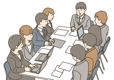 スーツ姿の大人数が会議をしているシーン 会議,ミーティング,ビジネス,ビジネスマン,ビジネスウーマン,チーム,チームワーク,打ち合わせ,ディスカッション,企画会議のイラスト素材