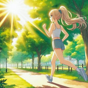 朝の公園を走る女性