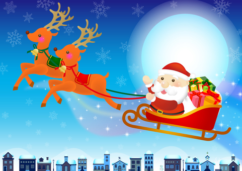 クリスマス サンタとトナカイ 聖夜 背景 クリスマス サンタとトナカイ 聖夜 背景 フレーム,クリスマス,サンタ,サンタクロース,月,月夜,満月,夜景,夜空,星空のイラスト素材