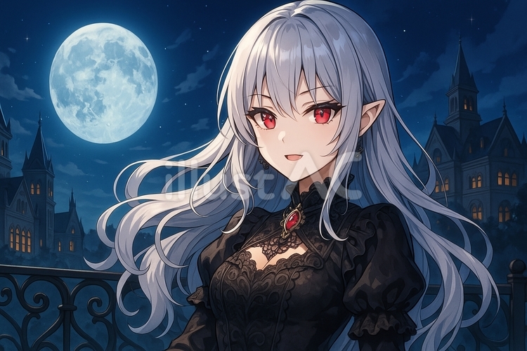 美しい月夜と白髪の女吸血鬼 女性,萌え,アニメのイラスト素材