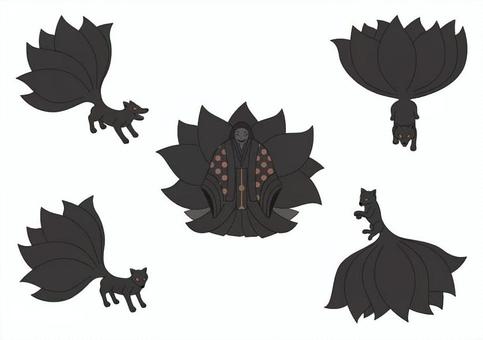 怖い九尾の狐のイラストセット② 九尾,狐,伝説,生き物,妖怪,霊獣,十二単,女性,ホラー,シンプルのイラスト素材