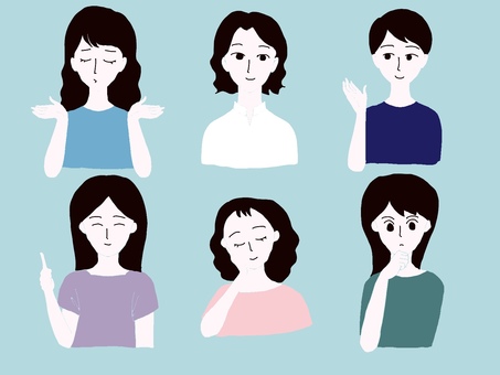 女性6人 女性,6人,仕草,お手上げ,考える,主線なし,水色,複数,シンプルのイラスト素材