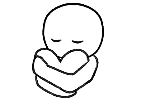 ハートを抱きしめる棒人間の線画 棒人間,人物,ハート,ハグ,抱きしめる,手描き,落書き,表情,黒,シンプルのイラスト素材
