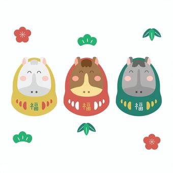 午年の年賀状素材、松竹梅と三頭の馬達磨