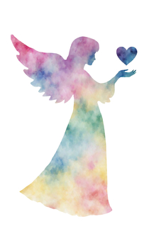 ハートをもつパステルの天使シルエット 天使,パステル,水彩画,カラフル,虹色,愛情,ハート,伝道師,羽,翼のイラスト素材
