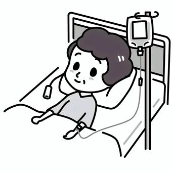 点滴しているシニア女性　白黒 入院,白黒,点滴,女性,シニア,医療,病院,ベッド,ナースコール,イラストのイラスト素材