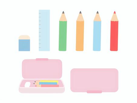 鉛筆と筆箱のセット02 鉛筆,筆箱,消しゴム,定規,赤鉛筆,文具,筆記用具,かわいい,イラスト,素材のイラスト素材