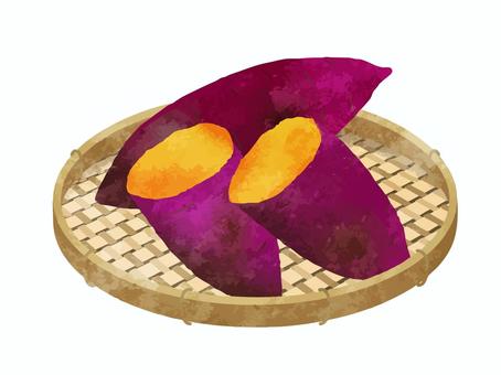 やきいも02 やきいも02 焼き芋,ざる,ほかほか,さつまいも,かわいい,湯気,水彩,手描き,手書き,ベクターのイラスト素材