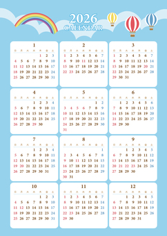 2026年の1年間のカレンダー01 2026年,カレンダー,1年間,12か月,日付,空,気球,雲,虹,イラストのイラスト素材