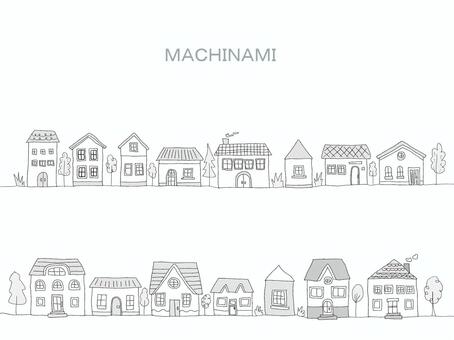 街並み①　モノクロ 家,建物,街並み,住宅,住宅街,洋館,かわいい,おしゃれ,ほのぼの,手書きのイラスト素材