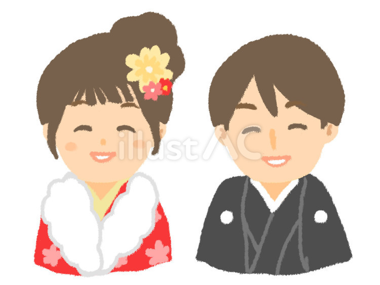 笑顔の新年の晴れ着姿の男女 男女,着物,振袖のイラスト素材