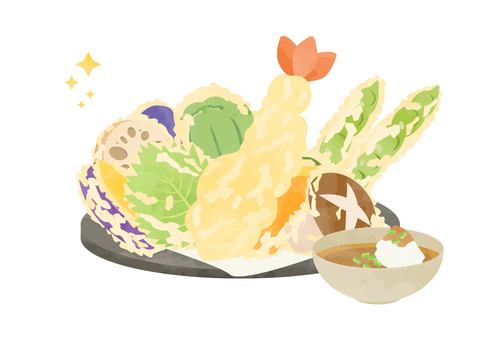 おいしそうな天ぷらの盛り合わせのイラスト 天ぷら,食べ物,かわいい,シンプル,えび天,盛り合わせ,シイタケ,キノコ,大葉,カボチャのイラスト素材