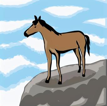 崖の馬 崖の馬 馬,野生,動物,立ち姿,立ち止まる,崖,岩,空,雲,自然のイラスト素材