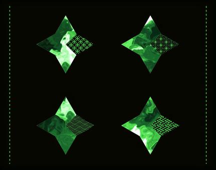 緑ダイヤ和柄のハイグロスマーブルアイコン ダイヤ,マーブル,ハイグロス,セット,緑,黒,星,和柄,麻の葉,青海波のイラスト素材