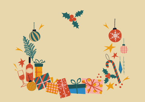 クリスマスフレーム（ベージュ背景） クリスマス,手描き,フレーム,プレゼントボックス,クリスマスボール,プレゼント,ステッキ,シャンパン,グラス,ひいらぎのイラスト素材